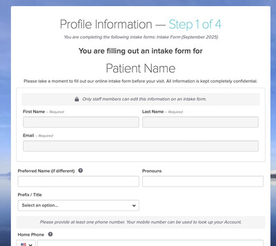 screen shot of example of new patient intake form
